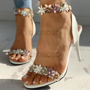 Femmes Pu Talon Stiletto Sandales À Bout Ouvert Avec Boucle Une Fleur Chaussures
