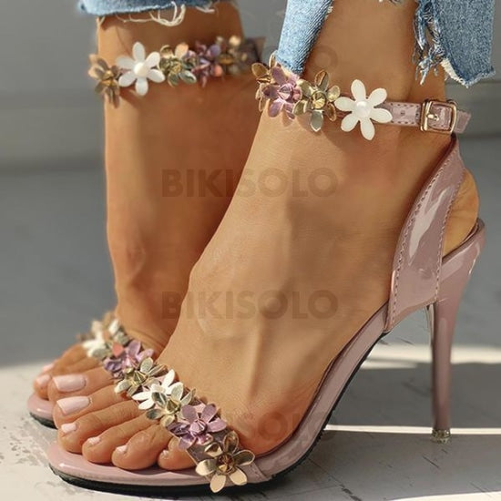 Femmes Pu Talon Stiletto Sandales À Bout Ouvert Avec Boucle Une Fleur Chaussures