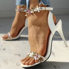 Charger l&#39;image dans la galerie, Femmes Pu Talon Stiletto Sandales À Bout Ouvert Avec Boucle Une Fleur Chaussures
