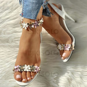 Femmes Pu Talon Stiletto Sandales À Bout Ouvert Avec Boucle Une Fleur Chaussures