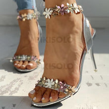 Charger l&#39;image dans la galerie, Femmes Pu Talon Stiletto Sandales À Bout Ouvert Avec Boucle Une Fleur Chaussures