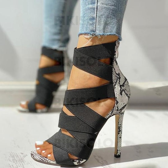 Femmes Pu Talon Stiletto Sandales À Bout Ouvert Avec La Copie Animale Zip Chaussures