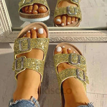 Charger l'image dans la galerie, Femmes Pvc Talon Plat Sandales À Bout Ouvert Chaussons Avec Strass Boucle Chaussures