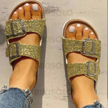Charger l'image dans la galerie, Femmes Pvc Talon Plat Sandales À Bout Ouvert Chaussons Avec Strass Boucle Chaussures