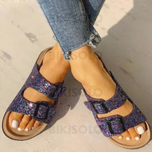 Charger l'image dans la galerie, Femmes Pvc Talon Plat Sandales À Bout Ouvert Chaussons Avec Strass Boucle Chaussures