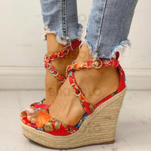 Charger l'image dans la galerie, Femmes Satiné Talon Compensé Sandales À Bout Ouvert Avec Fleur En Satin Chaussures