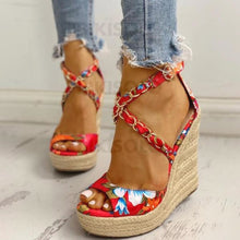 Charger l'image dans la galerie, Femmes Satiné Talon Compensé Sandales À Bout Ouvert Avec Fleur En Satin Chaussures