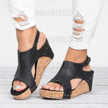 Charger l'image dans la galerie, Femmes Similicuir Talon Compensé Sandales Escarpins À Bout Ouvert Avec Rivet Chaussures
