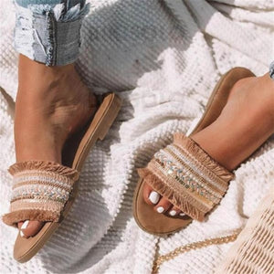 Femmes Similicuir Talon Plat Sandales Chaussures Plates À Bout Ouvert Chaussons Avec Tassel