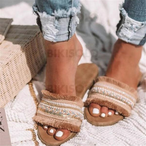 Femmes Similicuir Talon Plat Sandales Chaussures Plates À Bout Ouvert Chaussons Avec Tassel