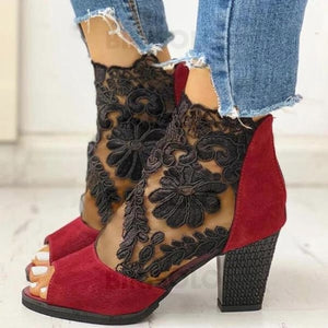 Femmes Suède Mesh Talon Bottier Bottines Avec Zip Chaussures