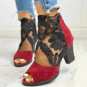 Femmes Suède Mesh Talon Bottier Bottines Avec Zip Chaussures