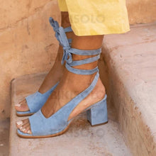 Charger l'image dans la galerie, Femmes Suède Talon Bottier Sandales À Bout Ouvert Avec Dentelle Chaussures