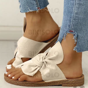 Femmes Suède Talon Plat Sandales À Bout Ouvert Chaussons Avec Bowknot Chaussures