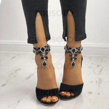 Charger l&#39;image dans la galerie, Femmes Suède Talon Stiletto Sandales À Bout Ouvert Avec Strass Chaussures