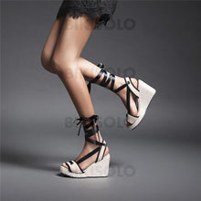 Charger l'image dans la galerie, Femmes Tissu Talon Compensé Sandales Compensée Escarpins Chaussures