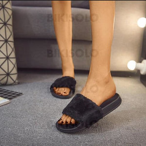 Femmes Tissu Talon Plat Chaussons Avec Fourrure Chaussures