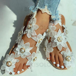 Femmes Tissu Talon Plat Sandales À Bout Ouvert Avec Perle Dimitation Une Fleur Chaussures