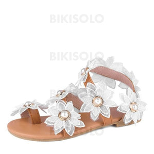 Femmes Tissu Talon Plat Sandales À Bout Ouvert Avec Perle Dimitation Une Fleur Chaussures