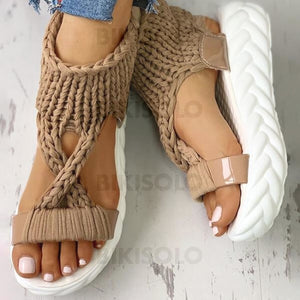 Femmes Tissu Talon Plat Sandales À Bout Ouvert Chaussures