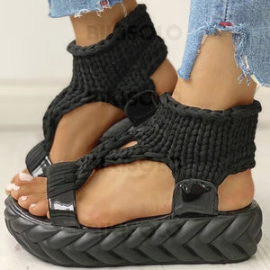 Femmes Tissu Talon Plat Sandales À Bout Ouvert Chaussures