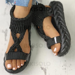 Femmes Tissu Talon Plat Sandales À Bout Ouvert Chaussures