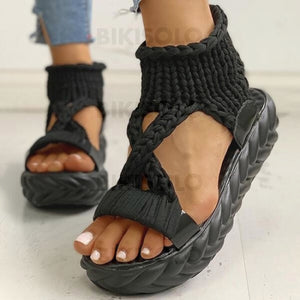 Femmes Tissu Talon Plat Sandales À Bout Ouvert Chaussures