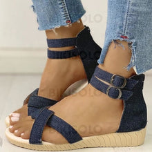 Charger l&#39;image dans la galerie, Femmes Treillis Talon Bas Sandales À Bout Ouvert Avec Boucle Zip Chaussures