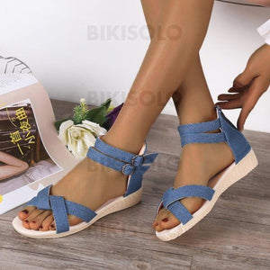 Femmes Treillis Talon Bas Sandales À Bout Ouvert Avec Boucle Zip Chaussures