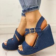 Charger l'image dans la galerie, Femmes Treillis Talon Compensé Sandales Compensée À Bout Ouvert Avec Boucle Chaussures
