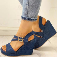 Charger l'image dans la galerie, Femmes Treillis Talon Compensé Sandales Compensée À Bout Ouvert Avec Boucle Chaussures