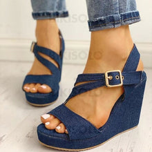 Charger l'image dans la galerie, Femmes Treillis Talon Compensé Sandales Compensée À Bout Ouvert Avec Boucle Chaussures