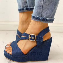Charger l'image dans la galerie, Femmes Treillis Talon Compensé Sandales Compensée À Bout Ouvert Avec Boucle Chaussures