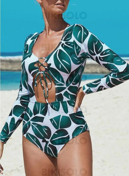 Feuilles Évider Cordon De Serrage Col U Bohème Mignon Une Pièce Maillots De Bain Vert / S