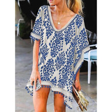 Charger l&#39;image dans la galerie, Feuilles Imprimé Col V Bohème Tenues De Plage Maillots De Bain Bleu / S