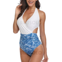 Charger l&#39;image dans la galerie, Feuilles Imprimé Monokini Dos Nu Col V Bohème Mignon Une Pièce Maillots De Bain Bleu / S