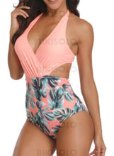 Charger l&#39;image dans la galerie, Feuilles Imprimé Monokini Dos Nu Col V Bohème Mignon Une Pièce Maillots De Bain Rosado / S