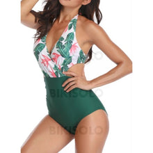 Charger l&#39;image dans la galerie, Feuilles Imprimé Monokini Dos Nu Col V Bohème Mignon Une Pièce Maillots De Bain Vert / S