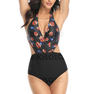 Fleuris À Pois Monokini Dos Nu Col V Attrayant Mignon Une Pièce Maillots De Bain Noir / S