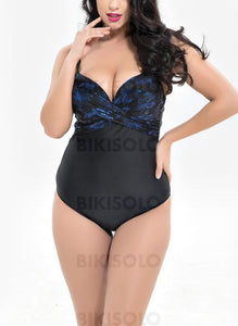 Fleuris Col V Élégante Grande Taille Une Pièce Maillots De Bain Bleu / Xxl