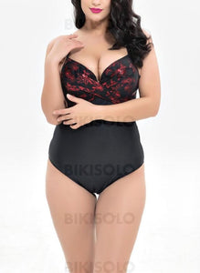 Fleuris Col V Élégante Grande Taille Une Pièce Maillots De Bain Rouge / Xxl