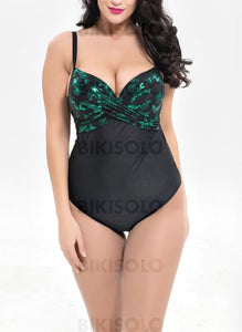 Fleuris Col V Élégante Grande Taille Une Pièce Maillots De Bain Vert / Xxl