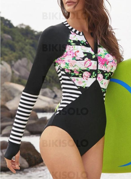 Fleuris Épissage Couleur Col Rond Sports Une Pièce Maillots De Bain Noir / S