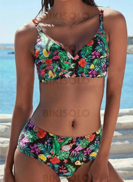 Fleuris Feuilles Imprimé À Bretelles Élégante Bohème Bikinis Maillots De Bain Noir / S