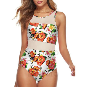 Fleuris Feuilles Imprimé Col Haut Mignon Une Pièce Maillots De Bain Blanc / S