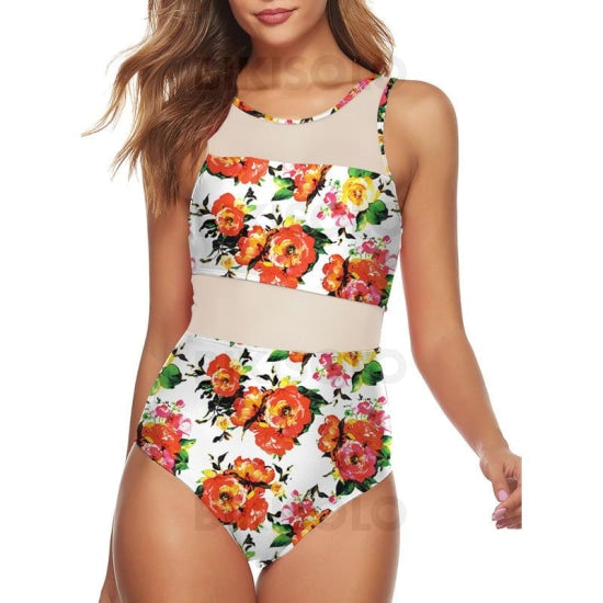 Fleuris Feuilles Imprimé Col Haut Mignon Une Pièce Maillots De Bain Blanc / S