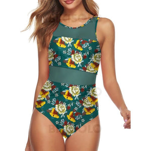 Fleuris Feuilles Imprimé Col Haut Mignon Une Pièce Maillots De Bain Vert / S