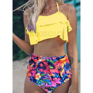 Fleuris Froufrous Dos Nu Sexy Bikinis Maillots De Bain Jaune / S