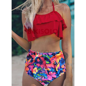 Fleuris Froufrous Dos Nu Sexy Bikinis Maillots De Bain Rouge / S