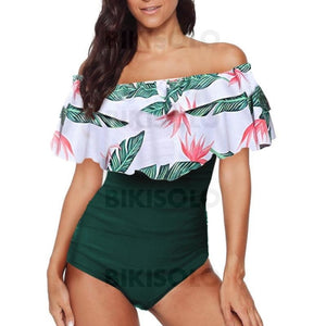 Fleuris Froufrous Sans Bretelle Classique Attrayant Une Pièce Maillots De Bain Vert / S